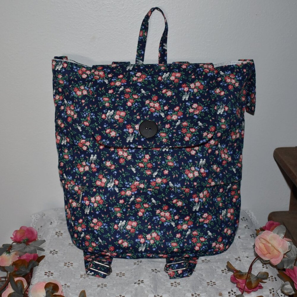 Pretty Cottagecore Blue Floral Flowers Birds Print Fabric Backpack Bag